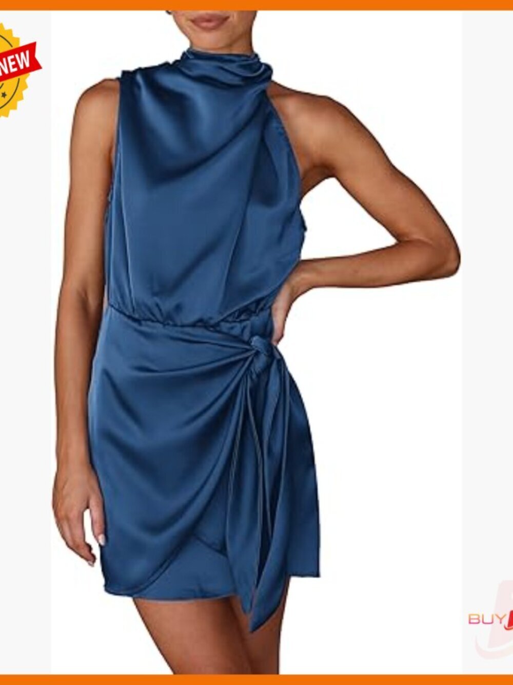 Satin Cocktail Dress Sleeveless Mock Neck Tie Waist Formal Party
